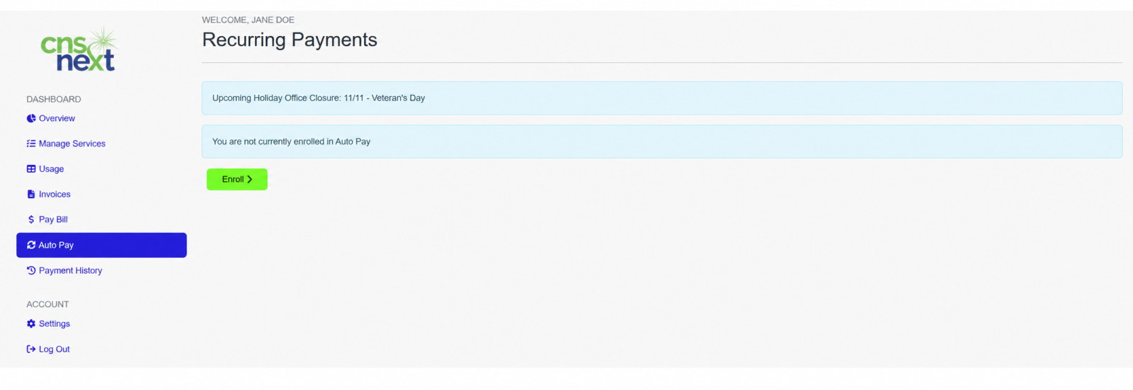 Example of the CNSNext customer portal Auto Pay page showing the green Enroll button