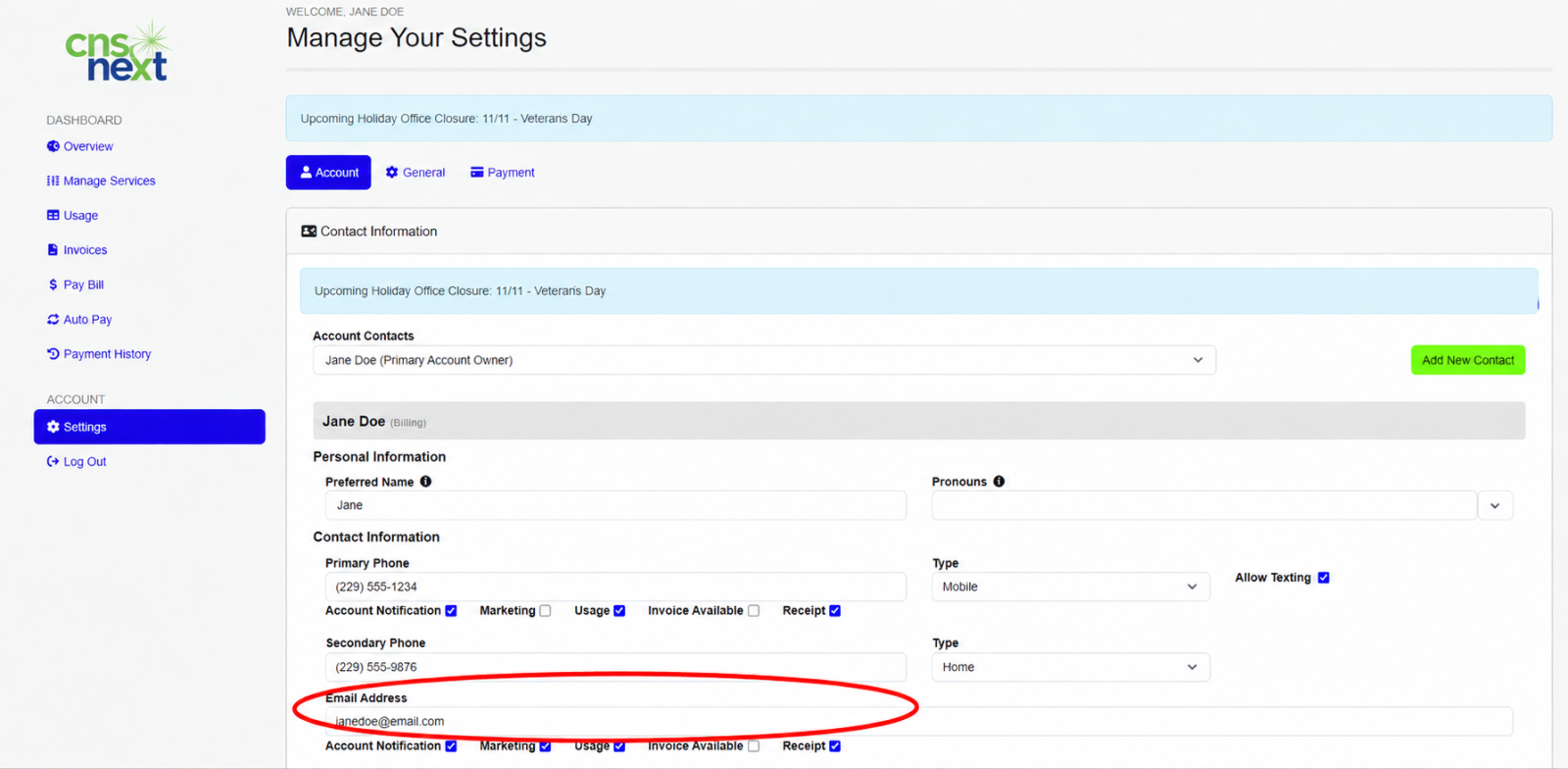 Example of the CNSNext customer portal settings page with the email address field circled in red
