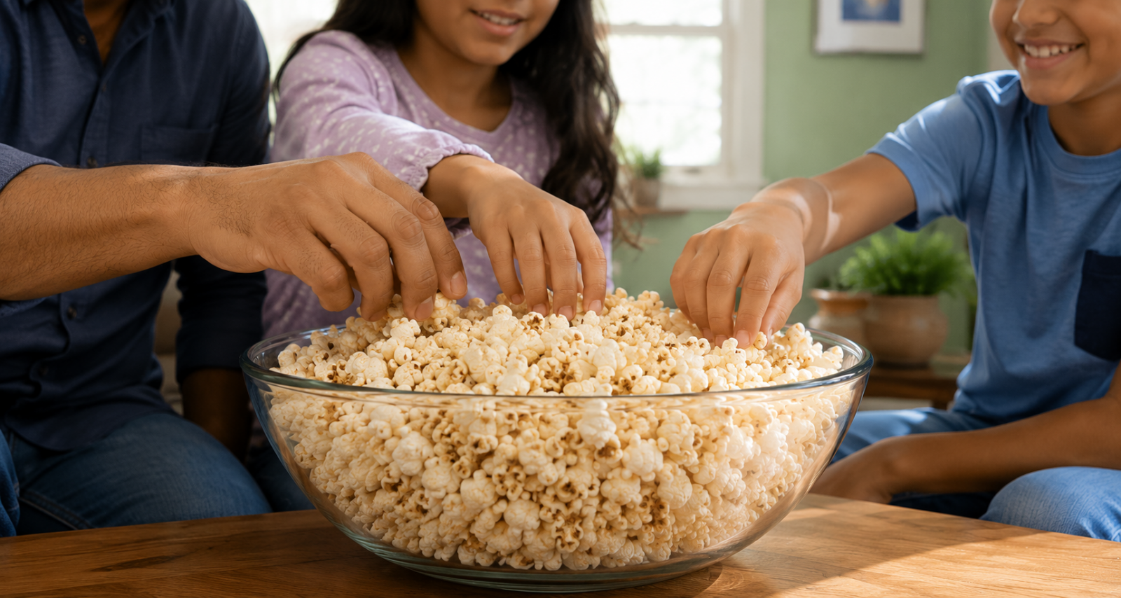 Couple sitting on a Couch eating popcorn